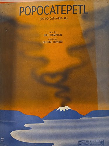 Front cover of vintage sheet music “Popocatepetl” showing stylized volcano illustration with bold midcentury color design