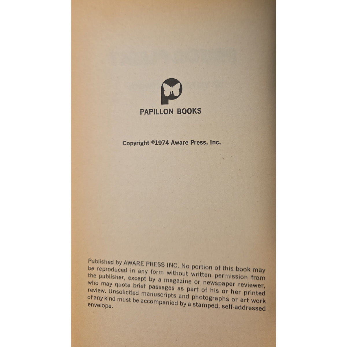 The back cover of a book printed on warm beige paper, featuring the Papillon Books logo and copyright information for 1974 by Aware Press, Inc.