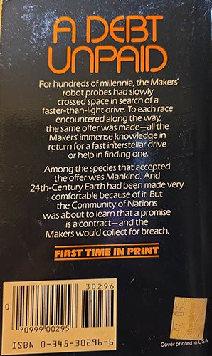 Back cover of the book 'A Debt Unpaid' showing orange title text on a black background, white descriptive text, a barcode at the bottom left, and a small gold sticker at the bottom right.