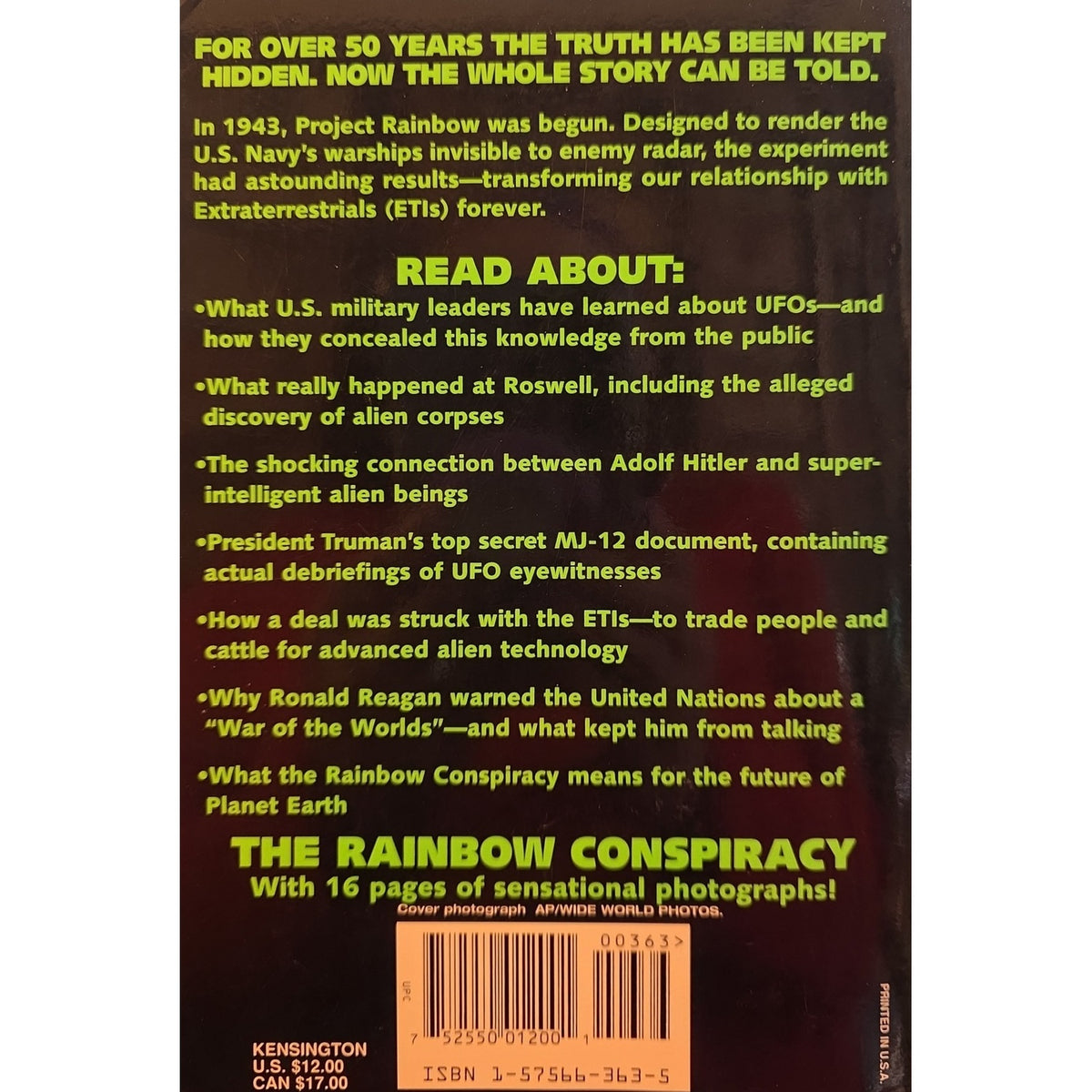 Back cover of the book 'The Rainbow Conspiracy' by Ken Kemperton, featuring a dark brown background with bright yellow and white text and a barcode at the bottom.