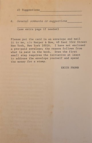 Original Erich Fromm reader response card inviting reader feedback