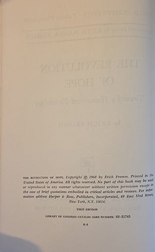 Copyright page of The Revolution of Hope showing 1968 first edition statement