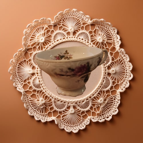 Vintage teacup with floral design on a lace doily against a brown background