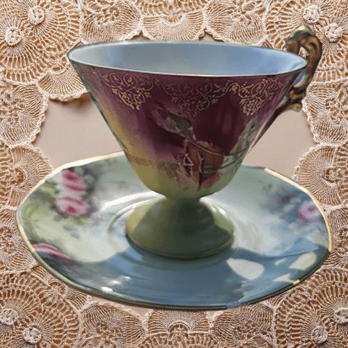 Vintage Booklover’s Tea Room Cup & Saucer – Gilded Porcelain with Hand-Painted Roses