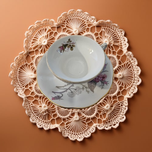 Teacup and saucer with floral design on a decorative lace doily against a brown background