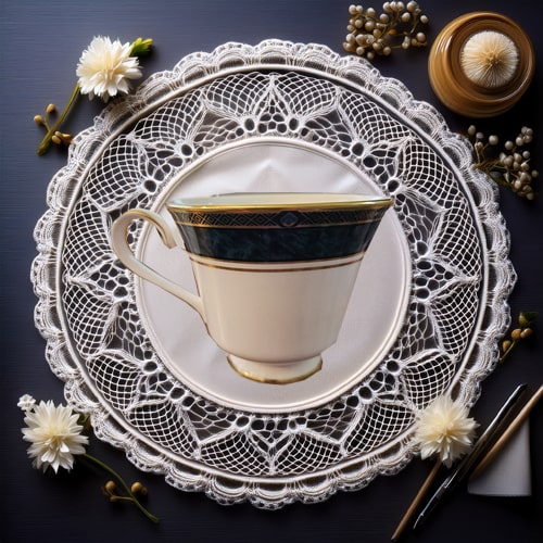 Teacup on a lace doily with flowers and decorative elements on a dark background