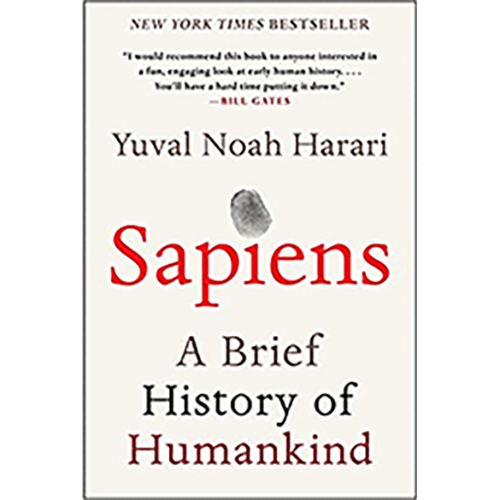 Cover of Sapiens: A Brief History of Humankind by Yuval Noah Harari, featuring a minimalist design with a fingerprint symbolizing human identity.