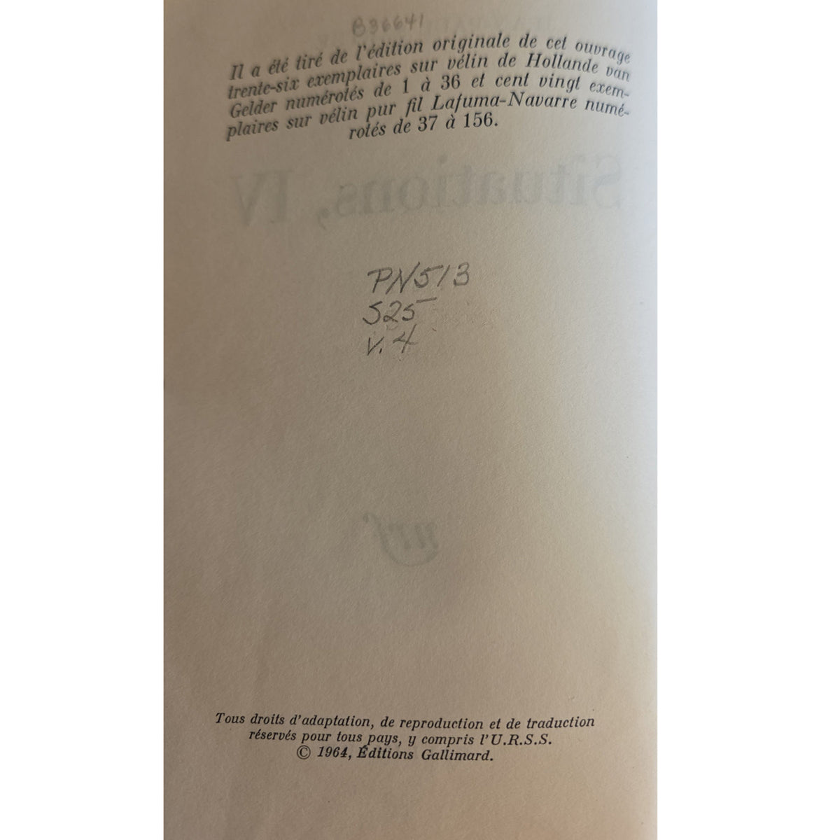1964 Jean-Paul Sartre Situations IV | Stanford Library First Edition