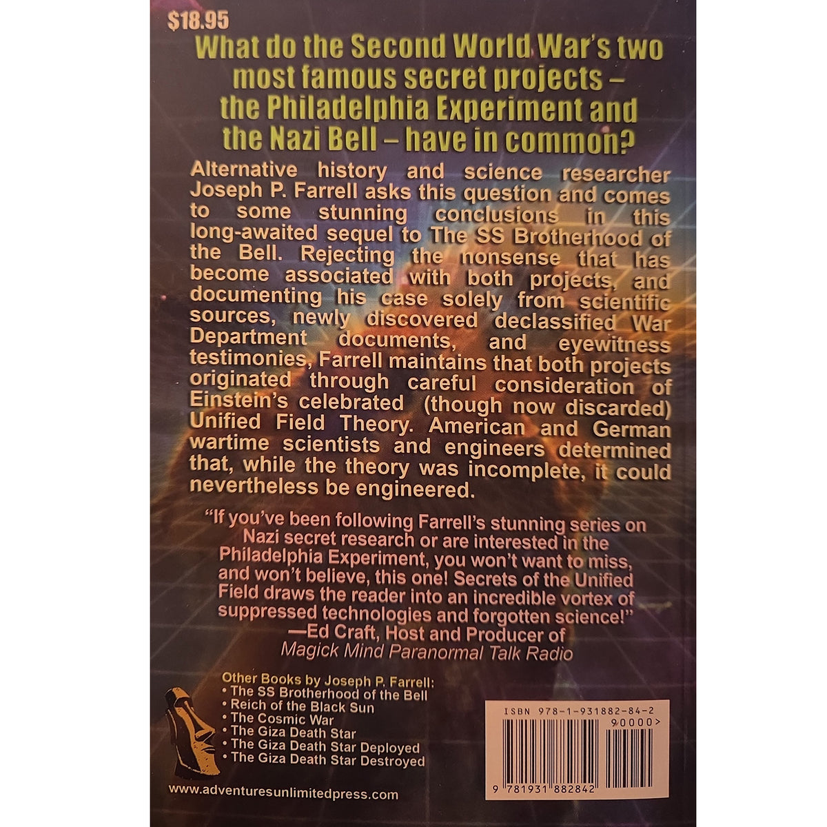 Back cover of a book titled 'What do the Second World War's two most famous secret projects – the Philadelphia Experiment and the Nazi Bell – have in common?' with a dark brown and black background, yellow and white text, a barcode, and the Adventures in Time Unlimited Press logo at the bottom.