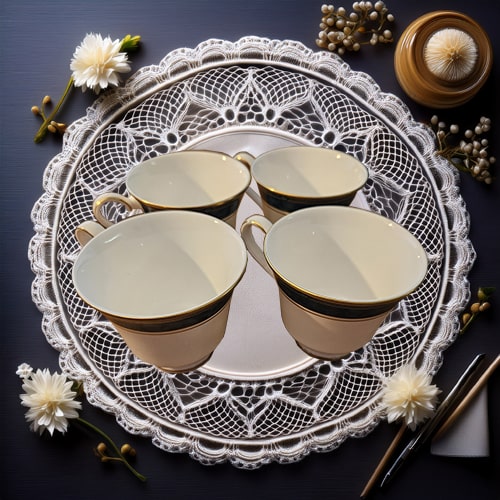 Set of four ceramic cups with gold trim on a decorative lace doily with flowers and a candle in the background.