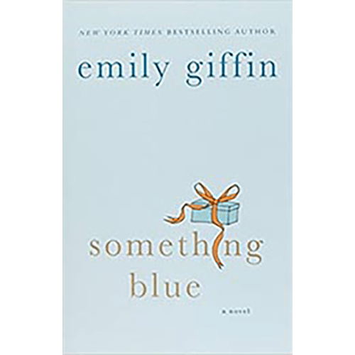 Cover of Something Blue by Emily Giffin, featuring a light blue background with a small gift tied in a brown ribbon and simple serif typography.