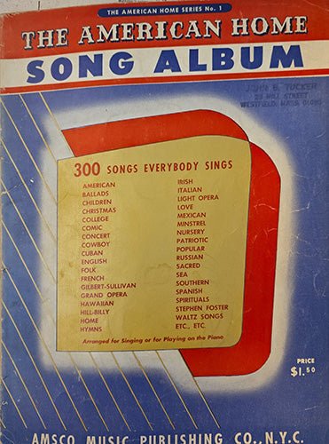 Cover of 'The American Home Song Album' with list of songs on a blue background