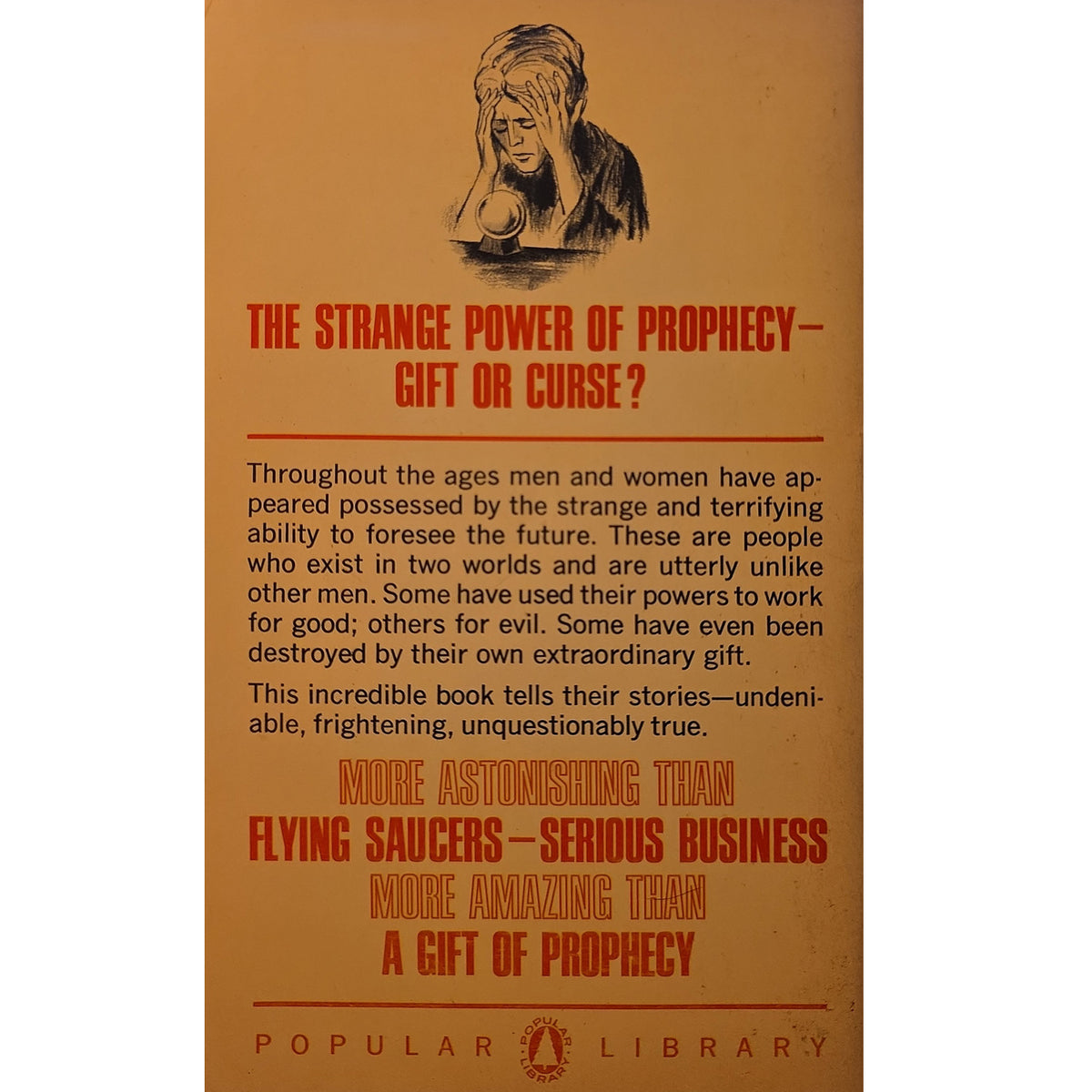 A vintage-style book cover or poster with an orange-brown background, black illustrated figure at the top, and red and black text including the title 'The Strange Power of Prophecy - Gift or Curse?' and 'Popular Library' at the bottom.