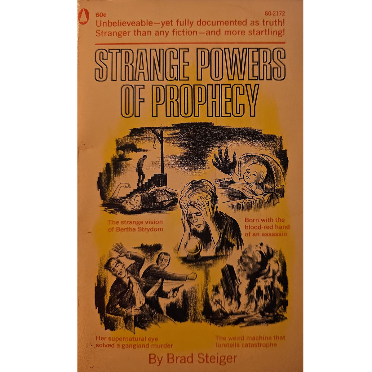 Vintage paperback book cover for 'Strange Powers of Prophecy' by Brad Steiger, featuring a tan-orange background with black and yellow illustrations and text.