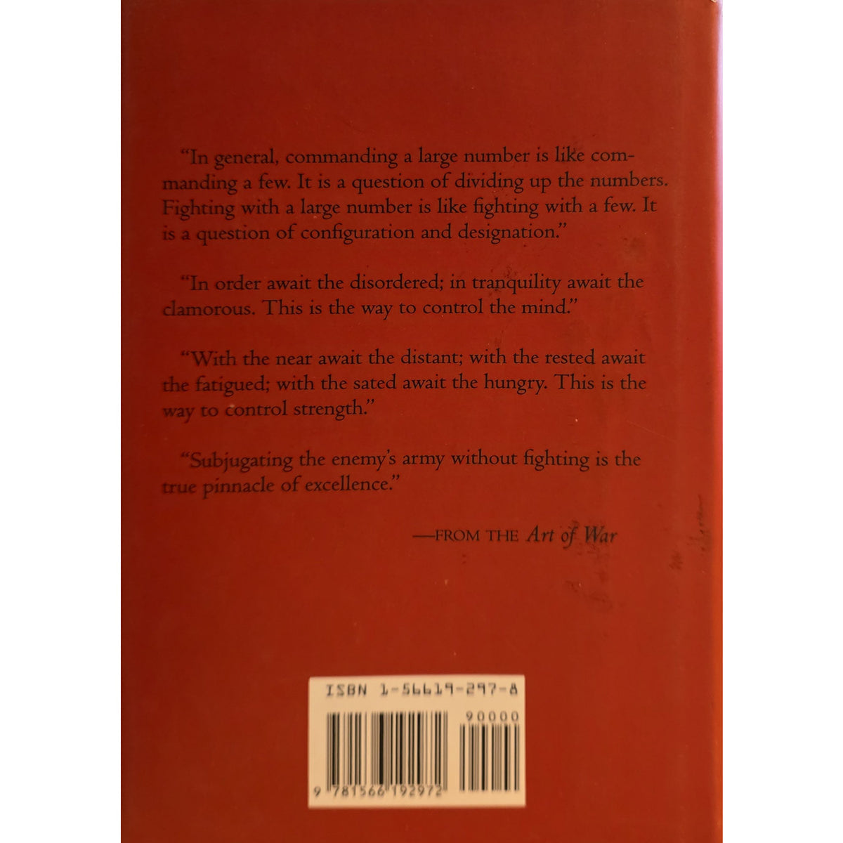 The back cover of a book with a dark red background, featuring five quote excerpts in white text, a barcode, and ISBN 1-56637-077-6.