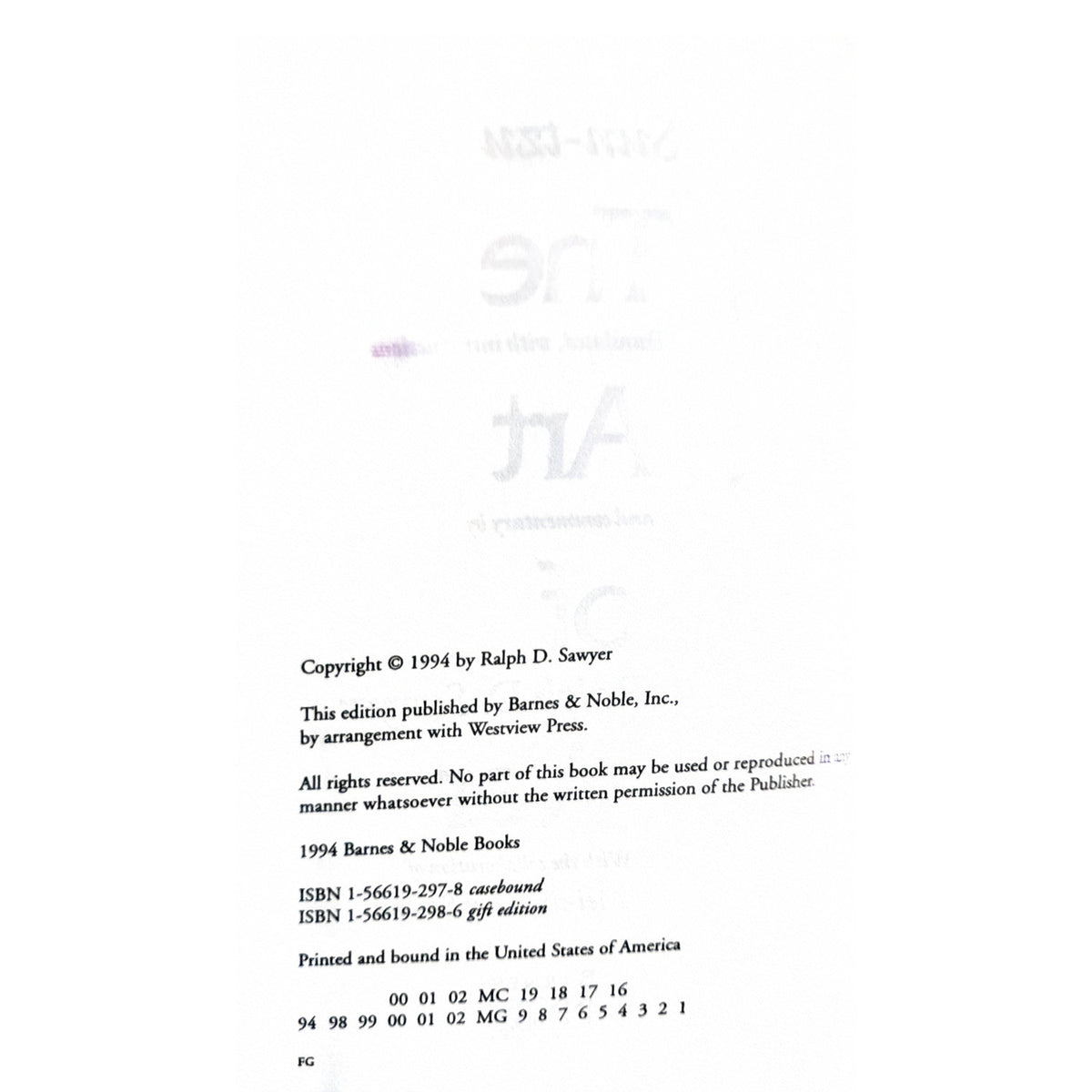 A mostly blank white page with faint watermark-like markings and small printed copyright text near the bottom, including 'Copyright © 1994 by Ralph D. Sawyer' and '1994 Barnes & Noble Books'.