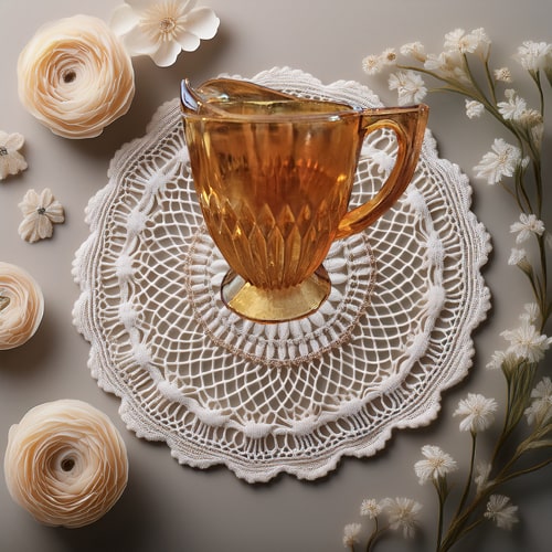 Brown glass pitcher on a white lace doily with flowers around