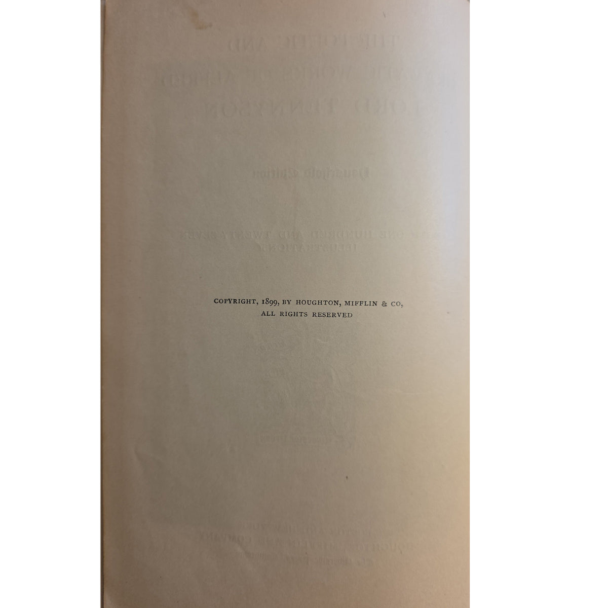 A close-up of a vintage book or manuscript page with faintly legible embossed or printed text on aged beige paper, including a copyright line from 1899 by Richardson, Wright & Co.