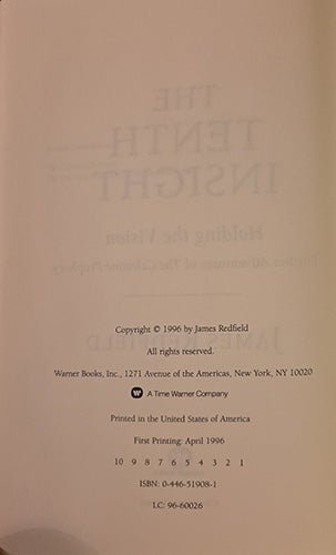 Copyright page of The Tenth Insight showing first printing 1996