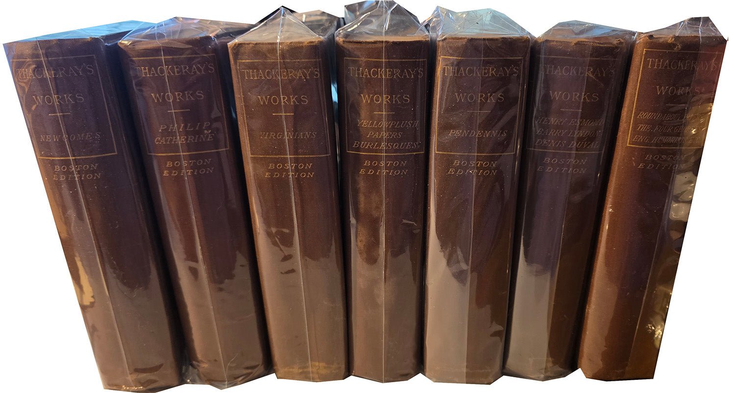 Thackeray’s Works Boston Edition — seven illustrated volumes in gilt-lettered brown cloth bindings, Aldine Book Publishing Co. Boston, c.1900