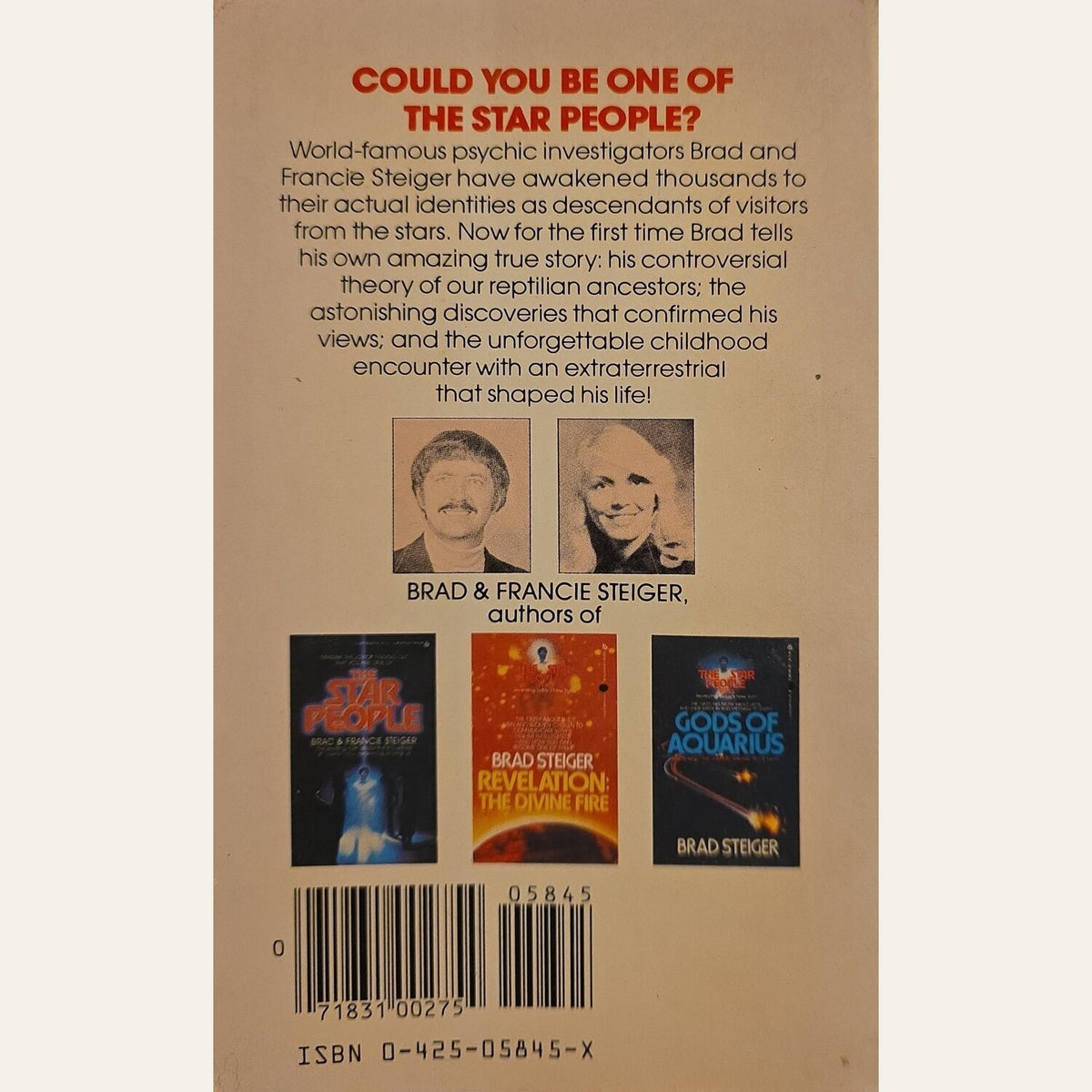 Back cover of the book 'Could You Be One of the Star People?' by Brad and Francie Steiger, featuring a tan background, red title text, author portraits, three book covers, and a barcode.