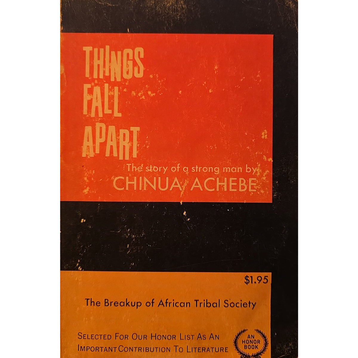 Red, black, and orange cover of the 1965 Honor Book edition of Things Fall Apart by Chinua Achebe.