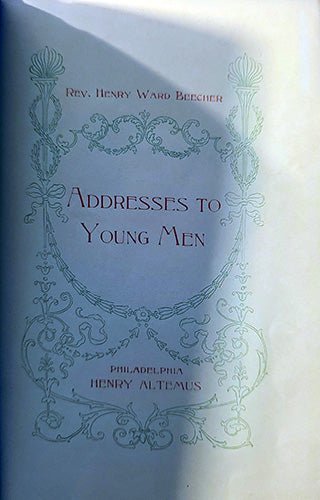 Vintage book cover for 'Addresses to Young Men' by Rev. Henry Ward Beecher, featuring ornate pale green decorative border illustrations and red serif text on a light blue background.
