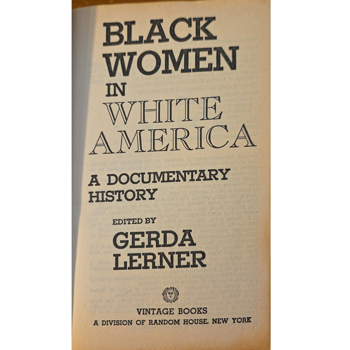 Vintage paperback book cover of 'Black Women in White America: A Documentary History' edited by Gerda Lerner, published by Vintage Books, featuring black text on a warm beige background.