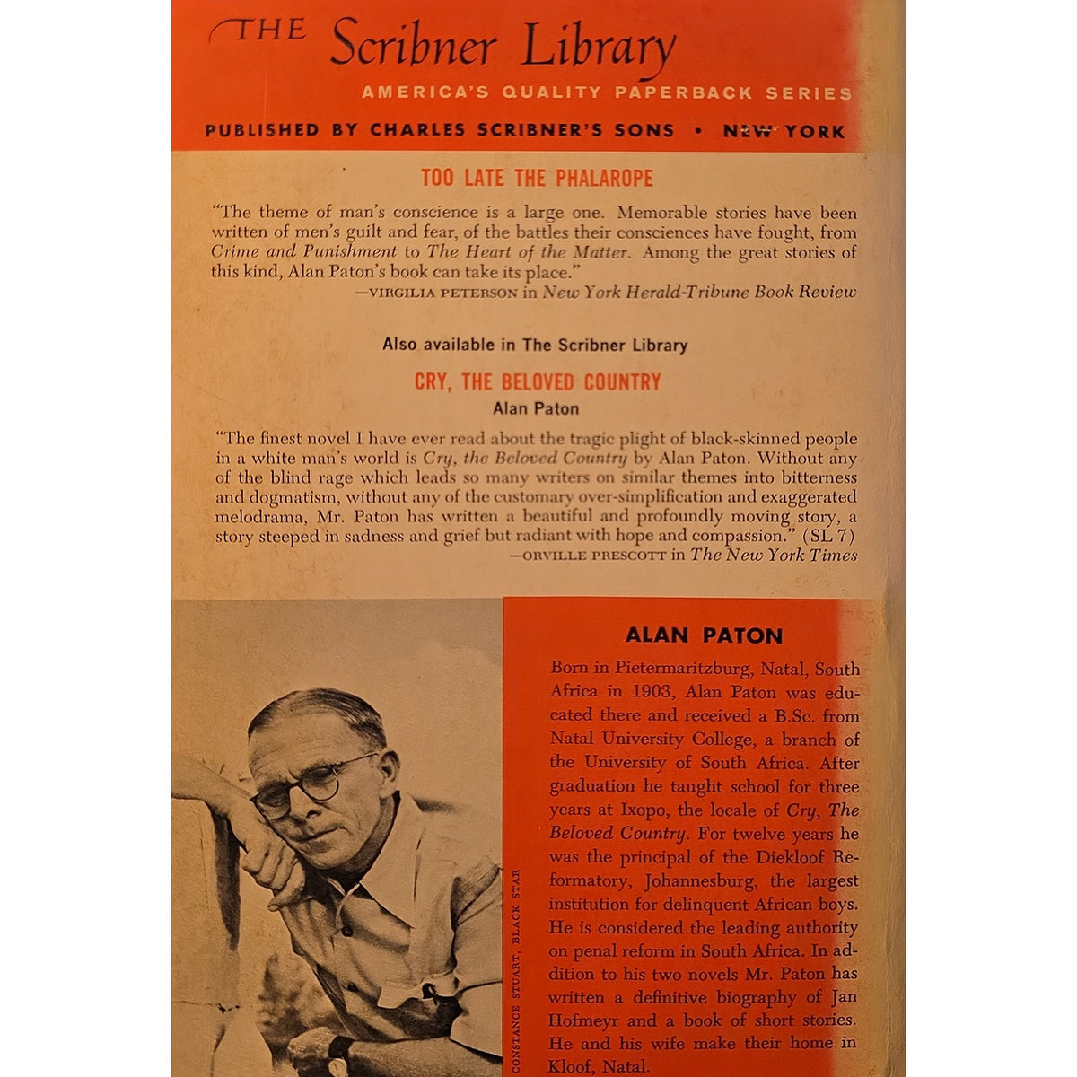 A book back cover for 'Too Late the Phallopoe' from The Scriber Library series, published by Charles Scrubber. The cover features a tri-color design with a terracotta orange top section, a cream middle section with black text, and a dark red bottom section with the author's name and a small black-and-white illustration.