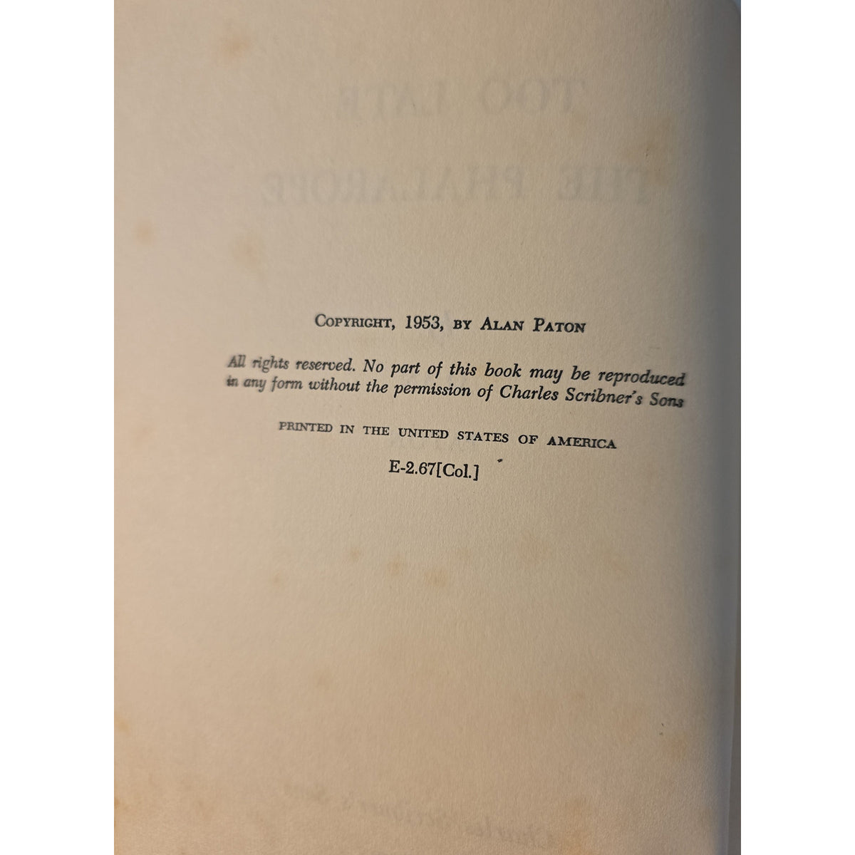 Copyright page showing the novel’s 1953 copyright and the paperback’s printing code.