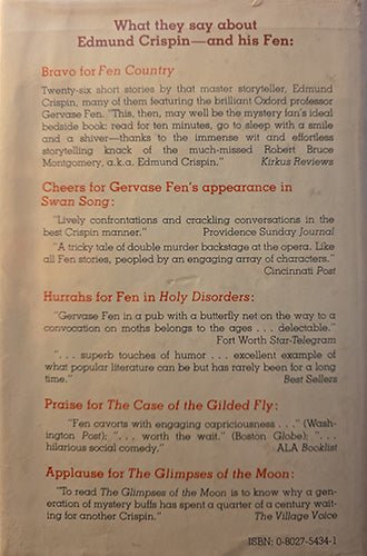 Back cover of The Moving Toyshop featuring publisher blurbs and review excerpts praising Edmund Crispin’s Gervase Fen mysteries.