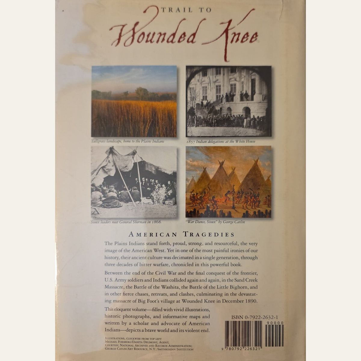 The back cover of the book 'Trail to the Soundless Knee: American Tragedies' showing three historical photographs, descriptive text, and a barcode on a beige background.
