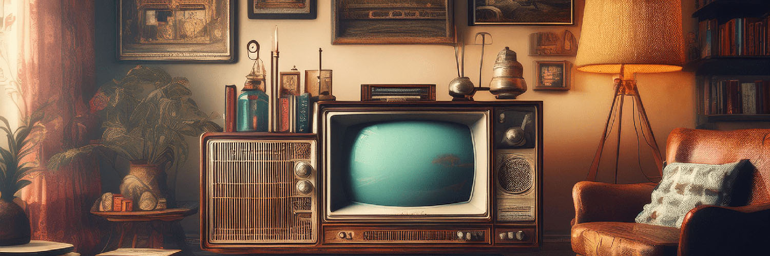 Retro living room with vintage television, lamp, and mid-century décor — TV Classics and Pop Culture collection highlighting nostalgia and entertainment history.