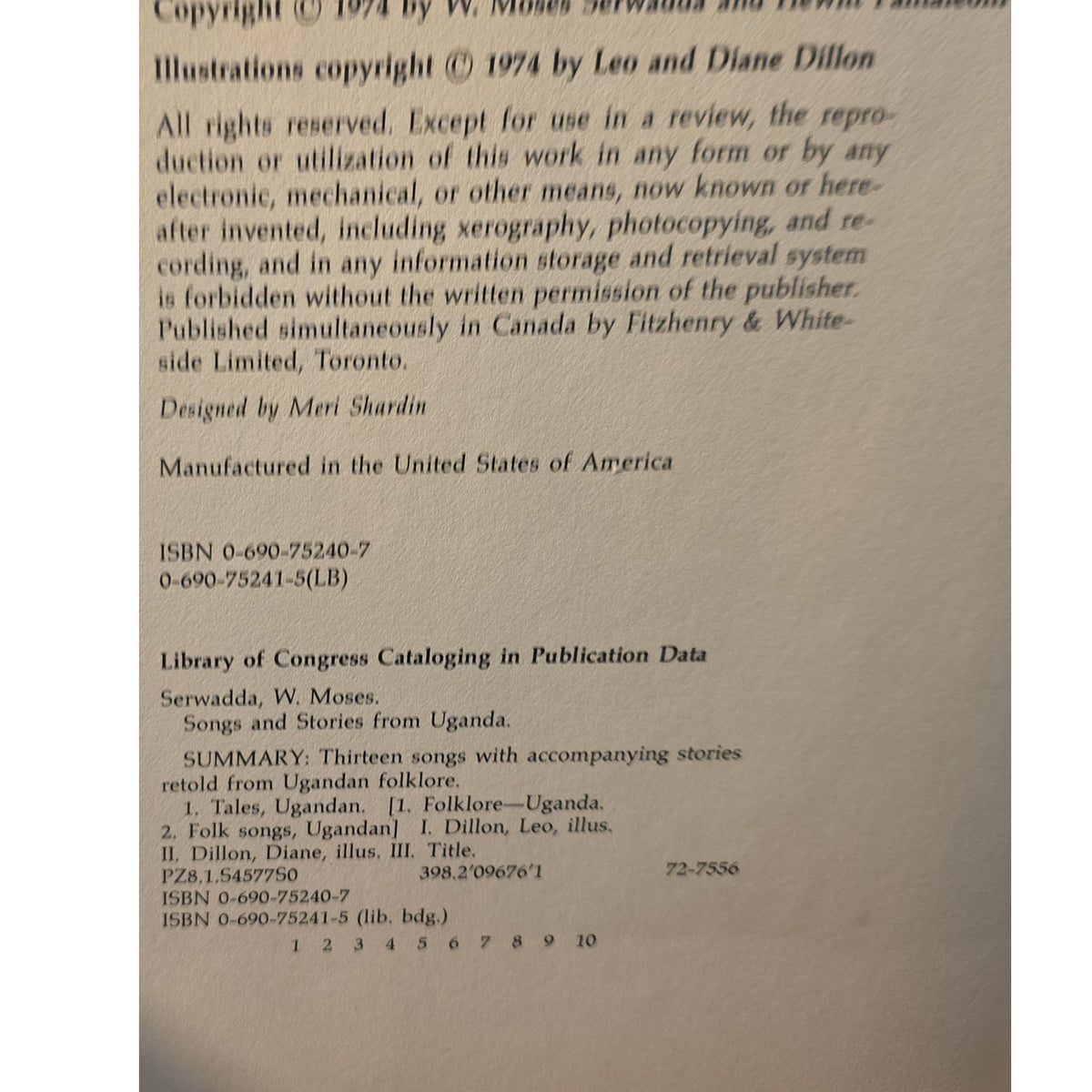 copyright page of songs and stories from uganda
