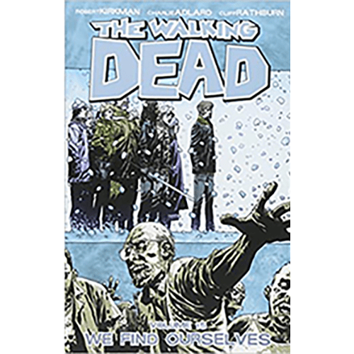Cover depicts Rick Grimes standing resolutely with survivors, surrounded by shadows of the undead, symbolizing resilience amidst looming threats.
