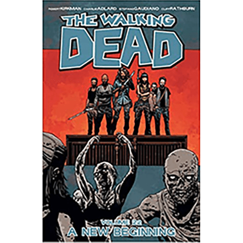 A group of survivors stands defiantly on a platform above a horde of walkers, symbolizing resilience and the challenge of rebuilding in a fractured world.