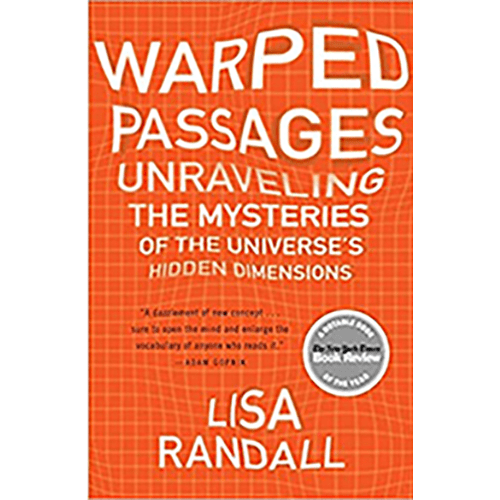 Cover of Warped Passages by Lisa Randall, featuring bold red typography exploring the mysteries of hidden dimensions in physics.