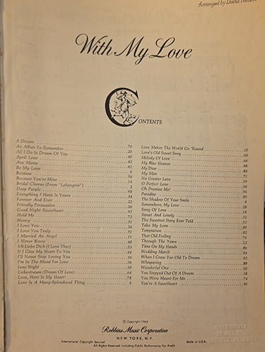 Contents page of mid-20th-century song folio listing romantic standards included in “With My Love”