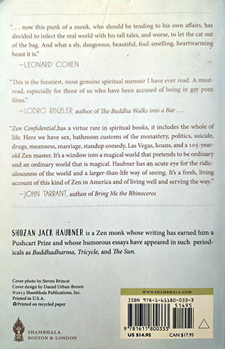 Back cover of a book showing title, author name Shozan Jack Hauber, several review quotes, cover photo credit, publisher text, and a barcode box at the bottom.