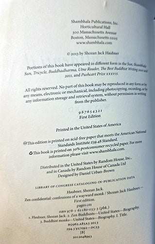 A photographed book cover or printed page from Shambhala Publications, Inc., showing copyright text, publisher information, and a portion of the printed text on an off-white page.