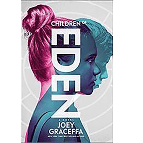 Cover of Children of Eden by Joey Graceffa, featuring vibrant profiles of a girl in pink and blue hues against a circular futuristic backdrop.