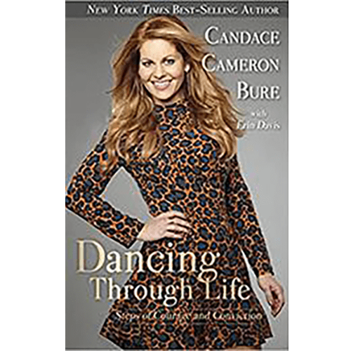 Cover of Dancing Through Life by Candace Cameron Bure featuring her smiling in a cheetah-print dress, hands on hips, with a confident stance.