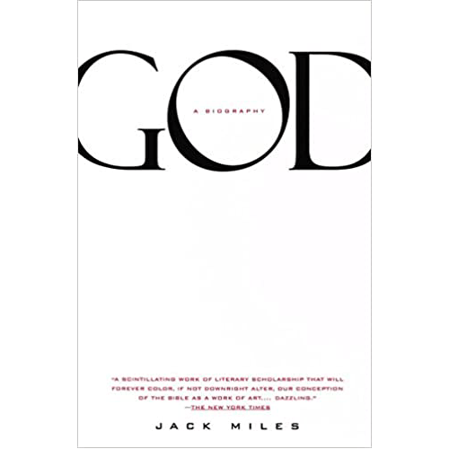 White cover with bold black text reading "GOD" and subtle red subtitle "A Biography" by Jack Miles, minimalist and elegant design.