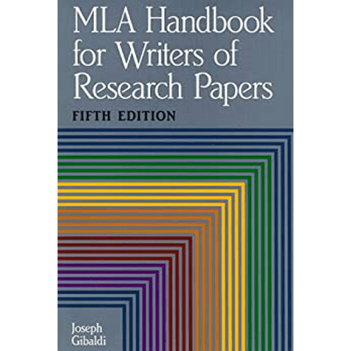 Cover of the MLA Handbook for Writers of Research Papers, Fifth Edition by Joseph Gibaldi, featuring geometric rainbow stripes on a gray background.