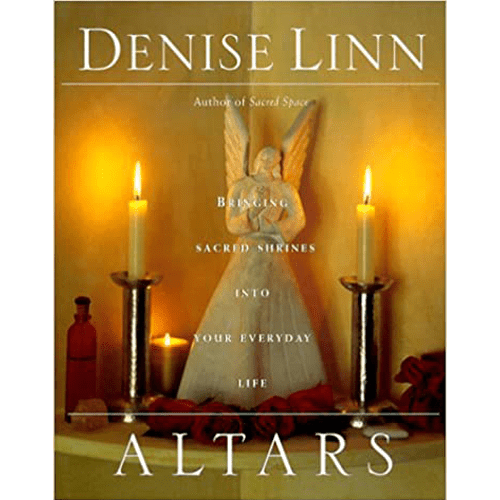Cover of Altars by Denise Linn featuring an angel sculpture with candles and flowers, glowing warmly in a sacred and serene setting.