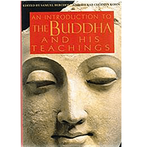Cover of An Introduction to the Buddha and His Teachings featuring a serene stone Buddha face with red title block in bold serif and sans-serif font.