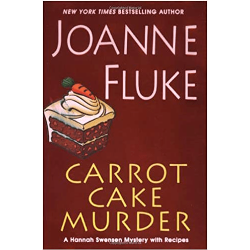 Cover of Carrot Cake Murder by Joanne Fluke featuring a slice of carrot cake on a rich burgundy background with bold title and author text.