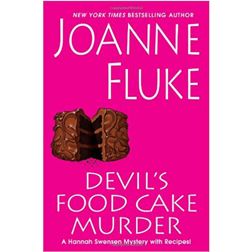 Bright pink cover of Devil's Food Cake Murder by Joanne Fluke featuring a rich, chocolatey devil's food cake and bold title text in red and white.