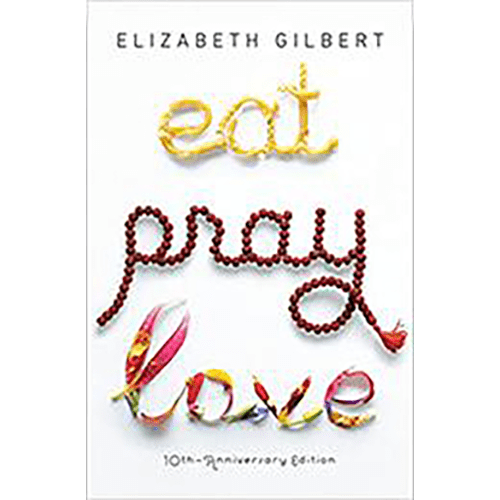 Cover of Eat Pray Love by Elizabeth Gilbert, featuring playful, artistic text formed from pasta, prayer beads, and floral fabric.