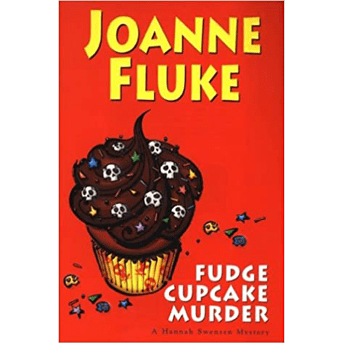 Cover of Fudge Cupcake Murder by Joanne Fluke featuring a chocolate cupcake with skull sprinkles against a bright red background.